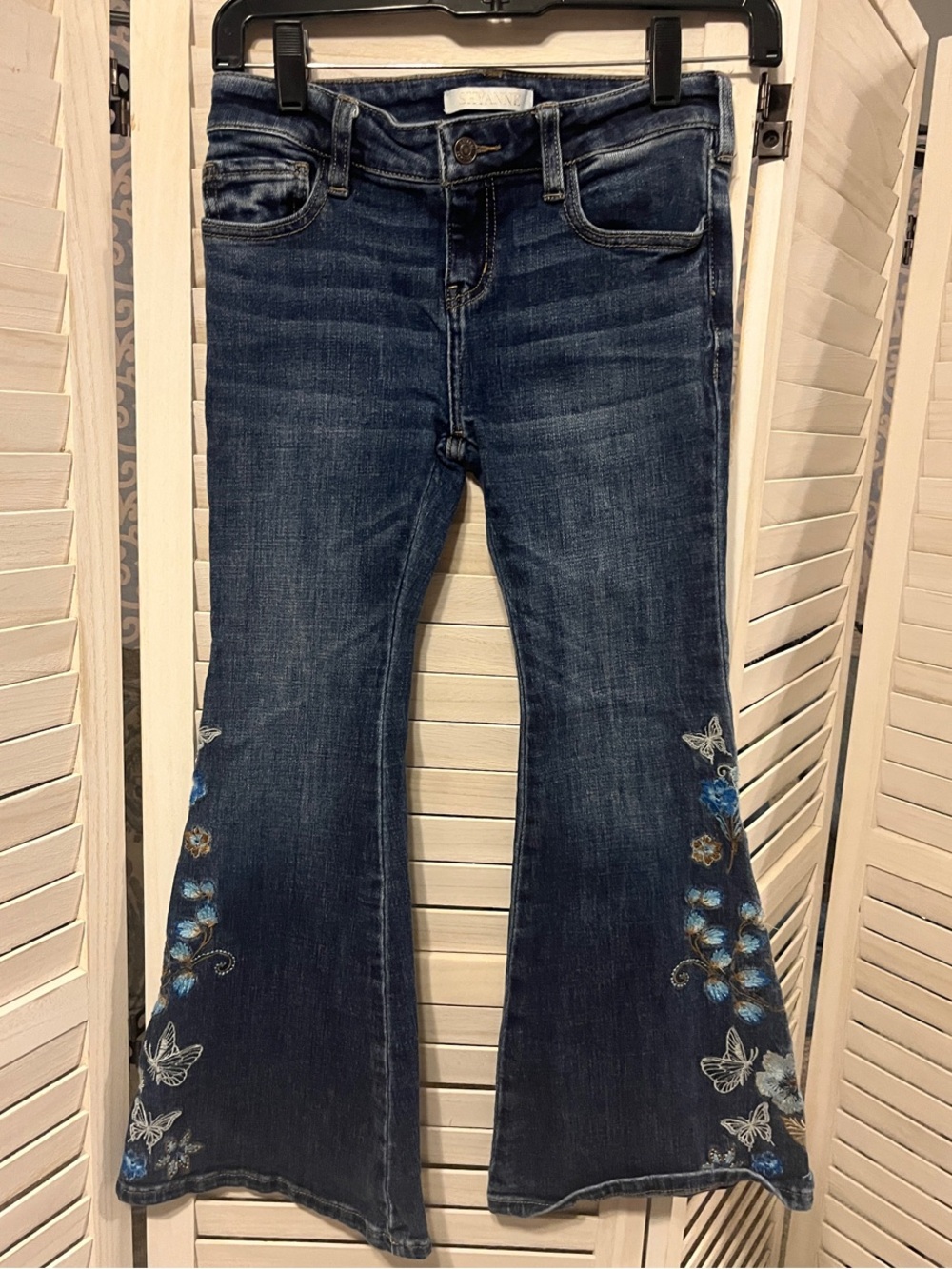 Shyanne Dark Blue Floral & Butterfly Embroidered Flare Jeans
